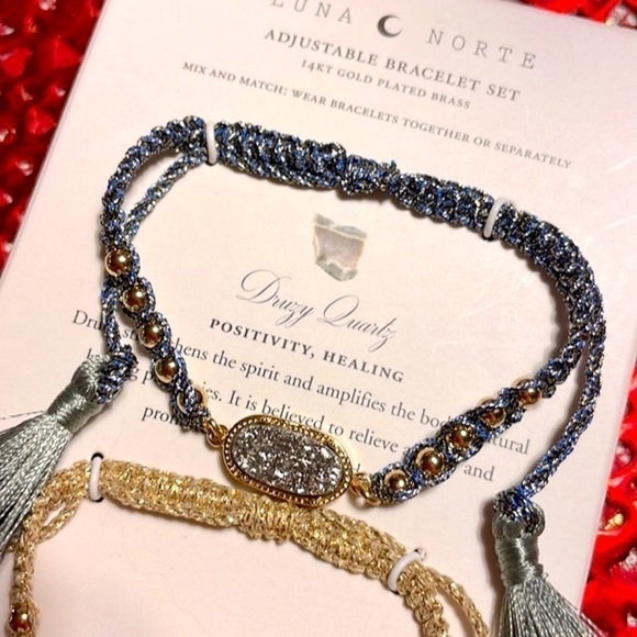Brand New Luna Norte 14K Gold Plated Brass Adjustable Bracelet Set Druzy Quartz - Picture 10 of 12